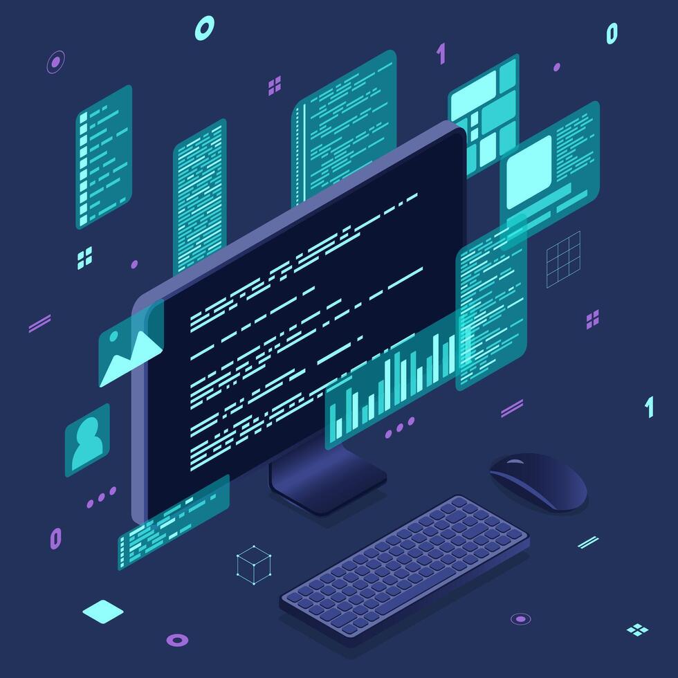 An isometric illustration of a computer setup with code and digital elements, representing the concept of programming